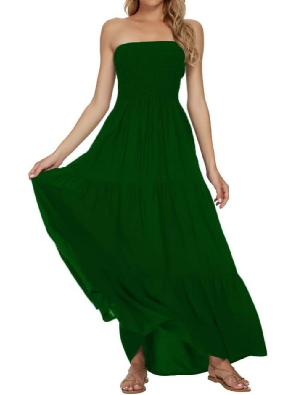 Women's Dark Green Strapless Tube Top Off Shoulder Boho Beach Long Maxi Dress